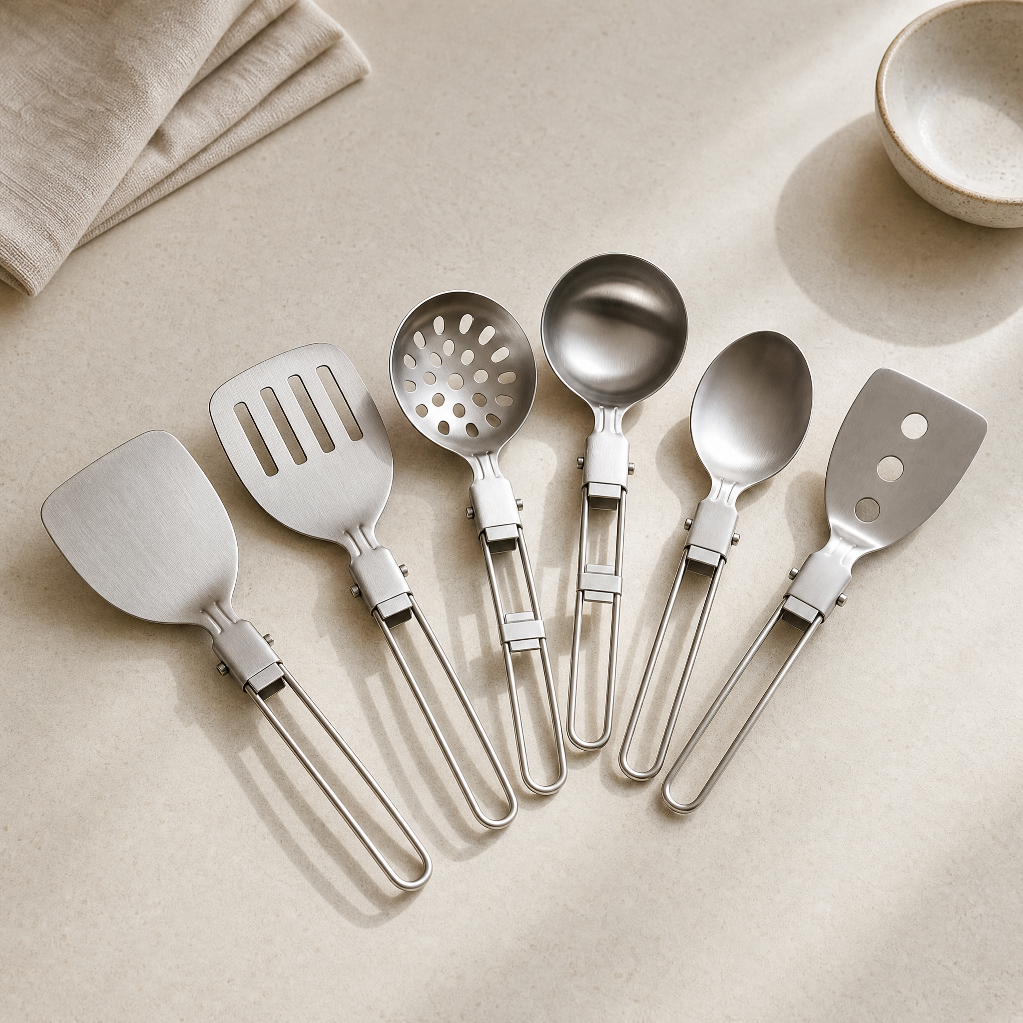 Verano folding stainless steel utensil set on a pale stone counter
