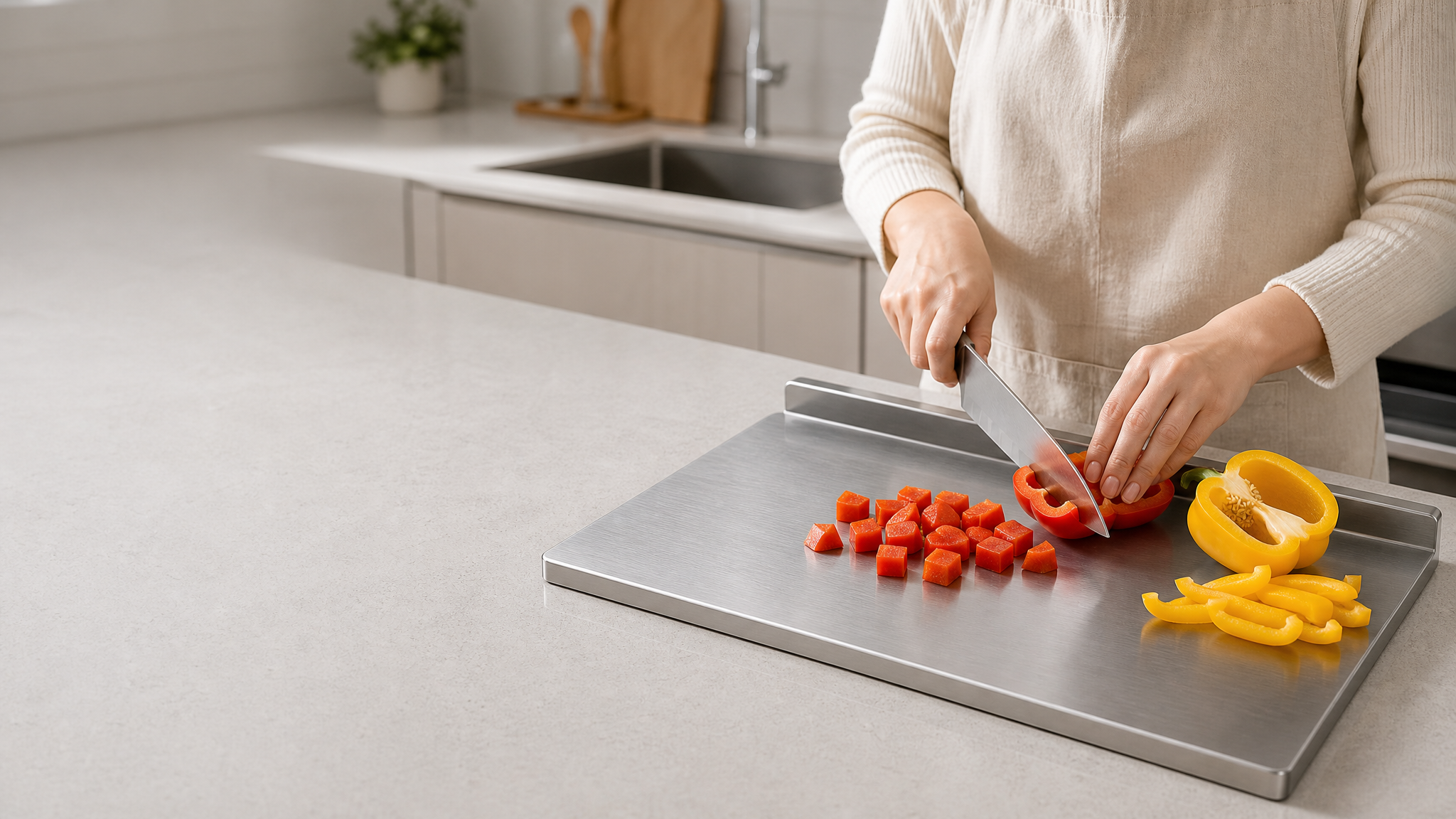 Dicing red bell pepper on the Verano stainless steel cutting board