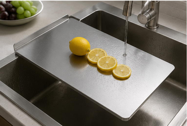 Easy to clean stainless steel chopping board under running water