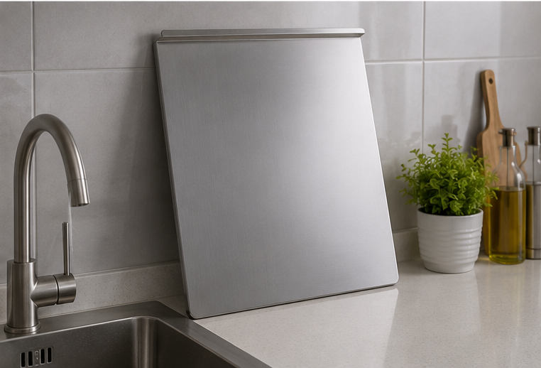 Stainless steel chopping board styled in modern kitchen