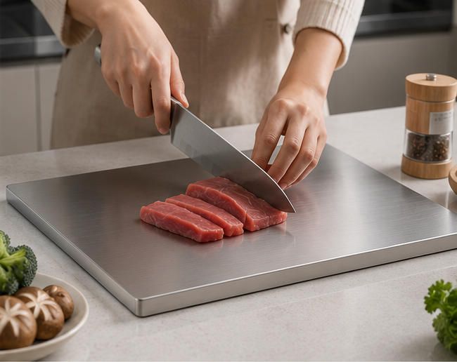 Slicing meat on stainless steel chopping board