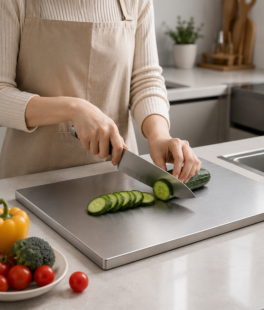 Slicing cucumber on stainless steel chopping board