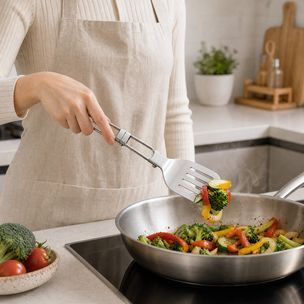 Lifting sauteed vegetables from a pan with the Verano slotted folding turner