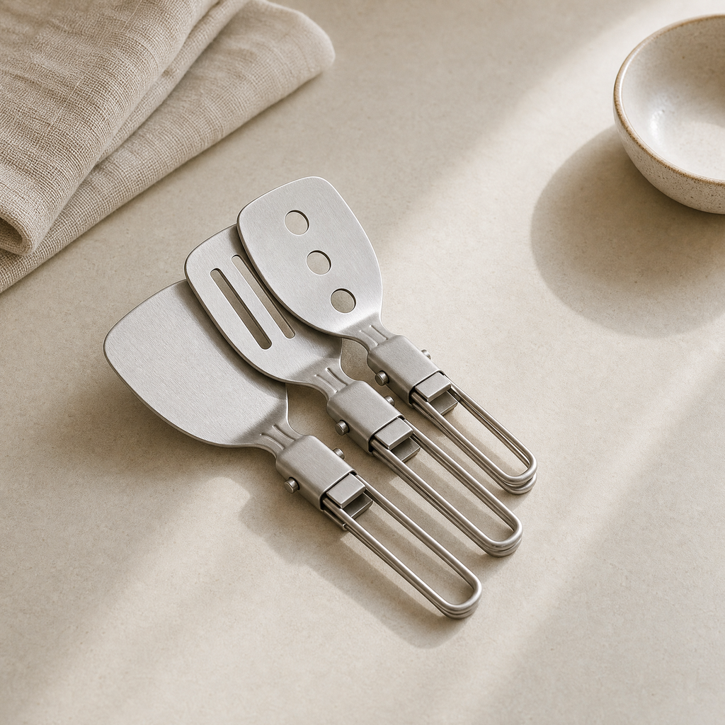 Verano folding stainless steel kitchen utensils shown folded flat for compact storage