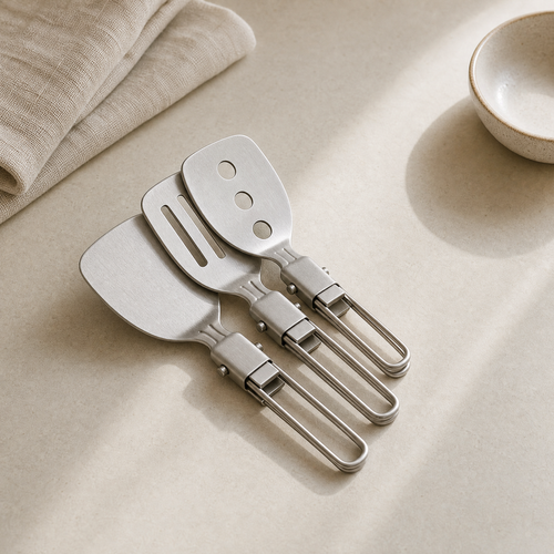 Verano folding stainless steel kitchen utensils shown folded flat for compact storage
